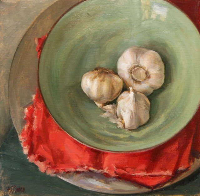Andrea Smith, Garlic on Green, 2007, Oil on Canvas, 25.4 × 25.4 cm