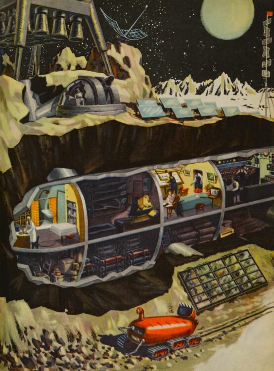 Technology for the Youth, issue 2, 1959, illustration by B. Dashkov for the article ‘What Would a Space Station on the Moon Look Like?’ Image courtesy of The Moscow Design Museum, from “Soviet Space Graphics”.