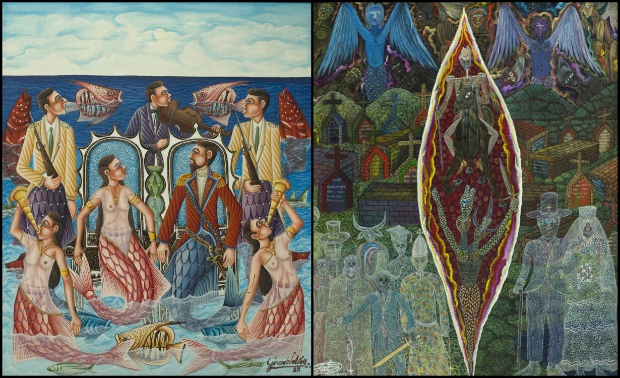 “The Court of Agoue” (1985) by Gerard Valcin and “Wedding of Damballah” (2007) by Frantz Zéphirin. Haitian art.