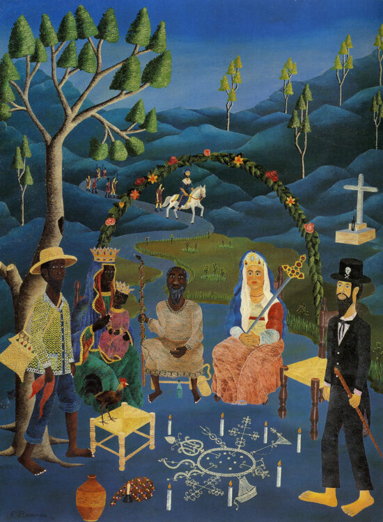 “The Vodou Gods Ponder Haiti’s Destiny” (1991) by Cameau Rameau. Haitian art.