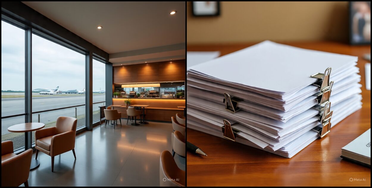 Café at an airport and stack of documents created with Meta AI.