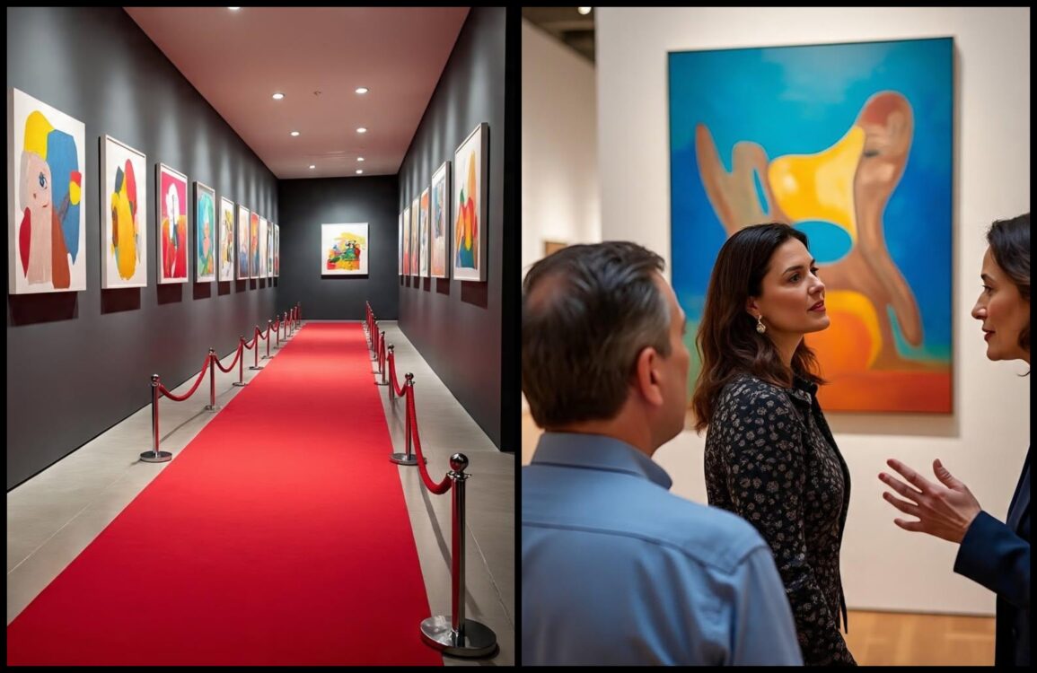 Created with Meta AI—illustrations for the frustrating elitism of the art world wherein only few artists secure representations from big galleries, and art being a force that starts conversations. In both of these images, prompts were deliberately free of specific instructions for the content of paintings.