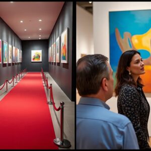 Created with Meta AI—illustrations for the frustrating elitism of the art world wherein only few artists secure representations from big galleries, and art being a force that starts conversations. In both of these images, prompts were deliberately free of specific instructions for the content of paintings.