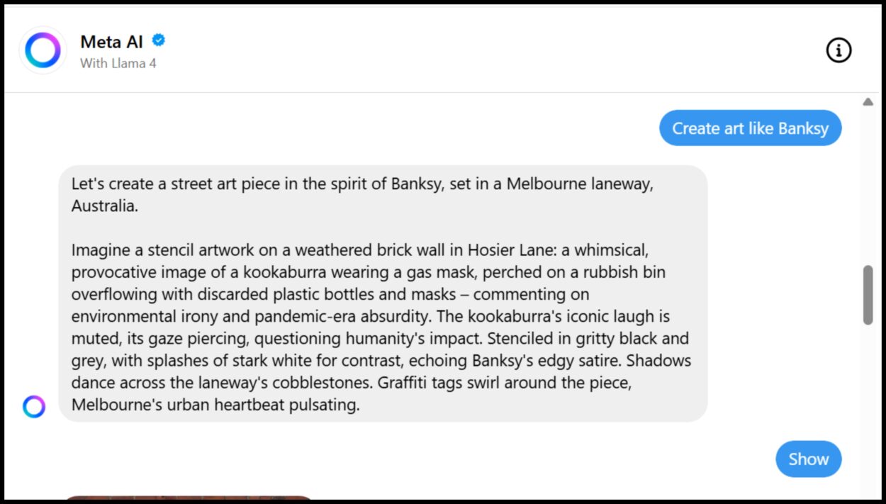 Telling Meta AI to create art in the style of Banksy…